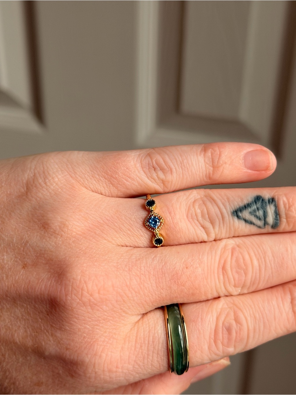 Gold Blue Sapphire Accent Ring - open back adjustable size